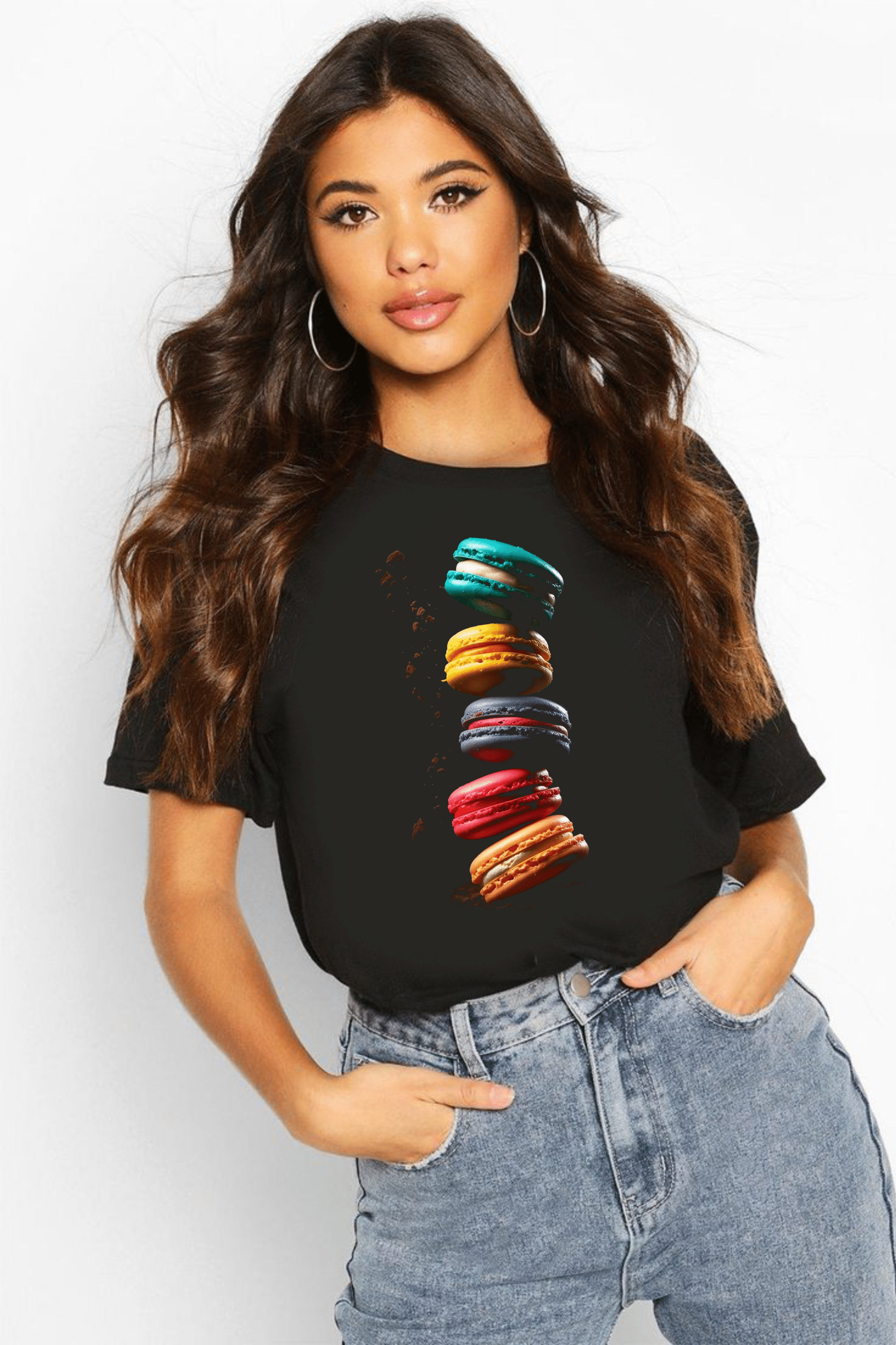 дамска тениска Macaroon, тениска с макарони, сладък принт, дамска тениска с хранителен дизайн, памучна тениска с DTF печат