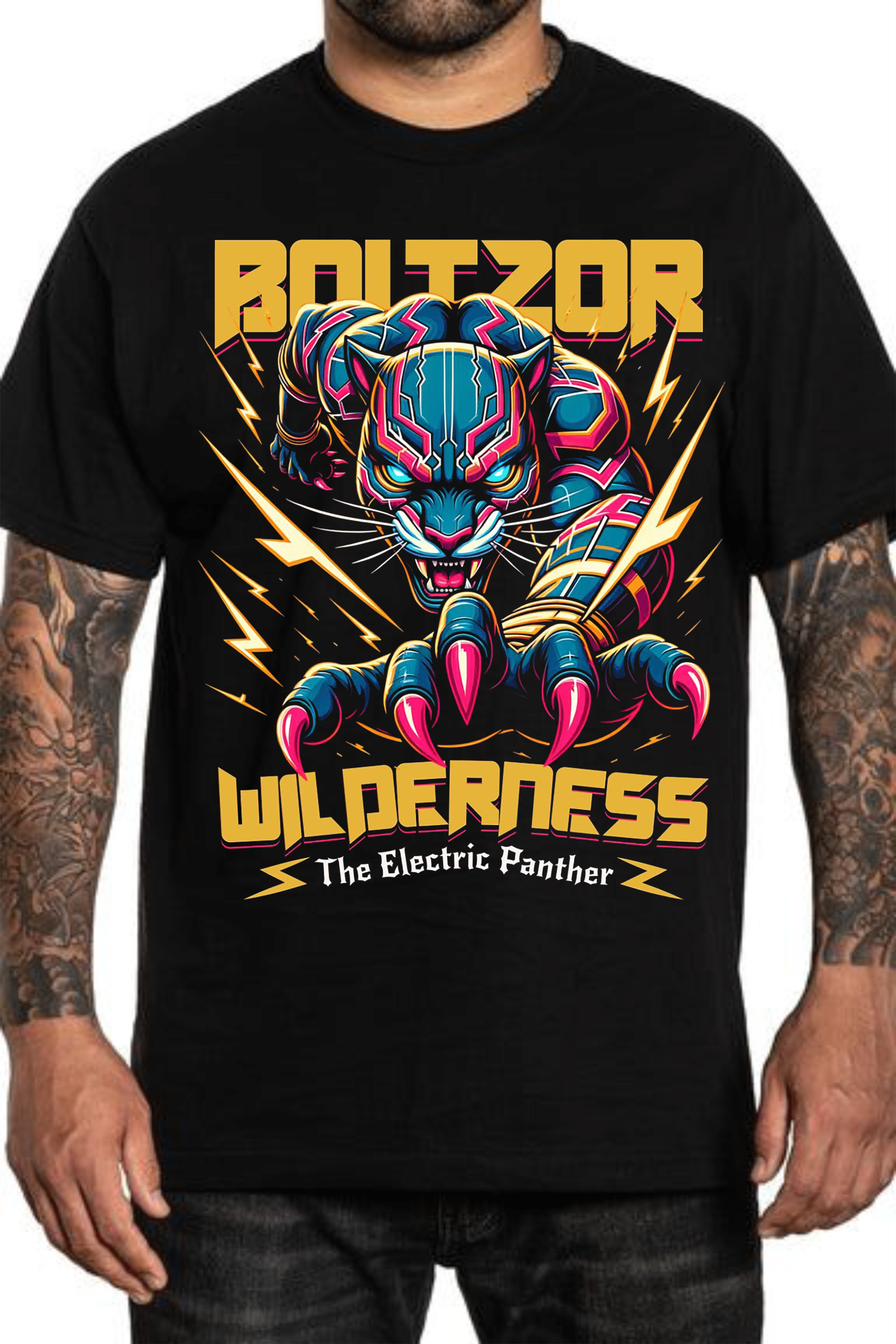 мъжка тениска The Electric Panther, тениска с електрически дизайн, тениска с DTF печат, мъжка тениска с пантера, смел стил