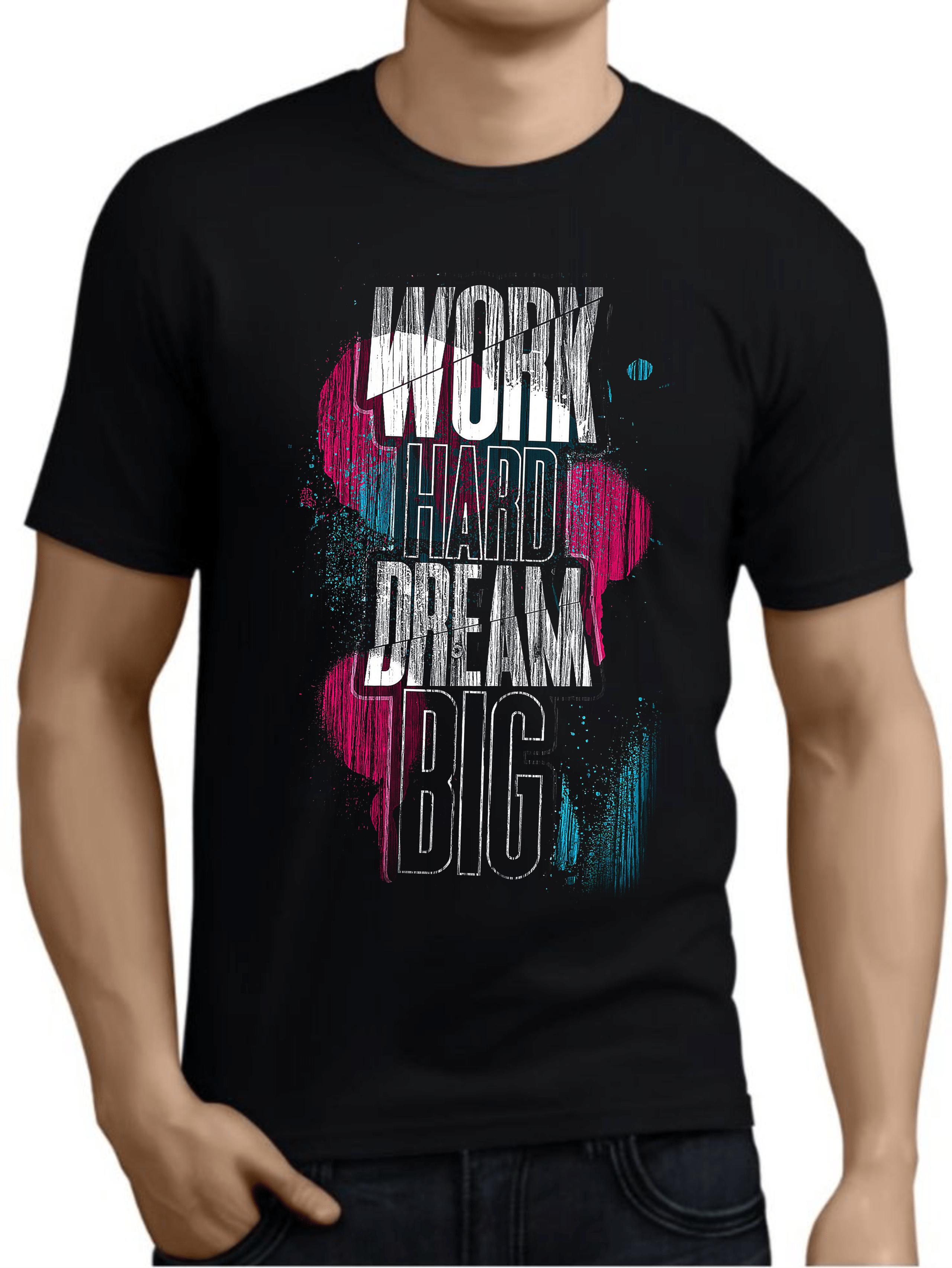 мъжка тениска Work Hard Dream Big, тениска с мотивационно послание, тениска с вдъхновяващ дизайн, стилна мъжка тениска, тениска с DTF печат, мотивационни тениски