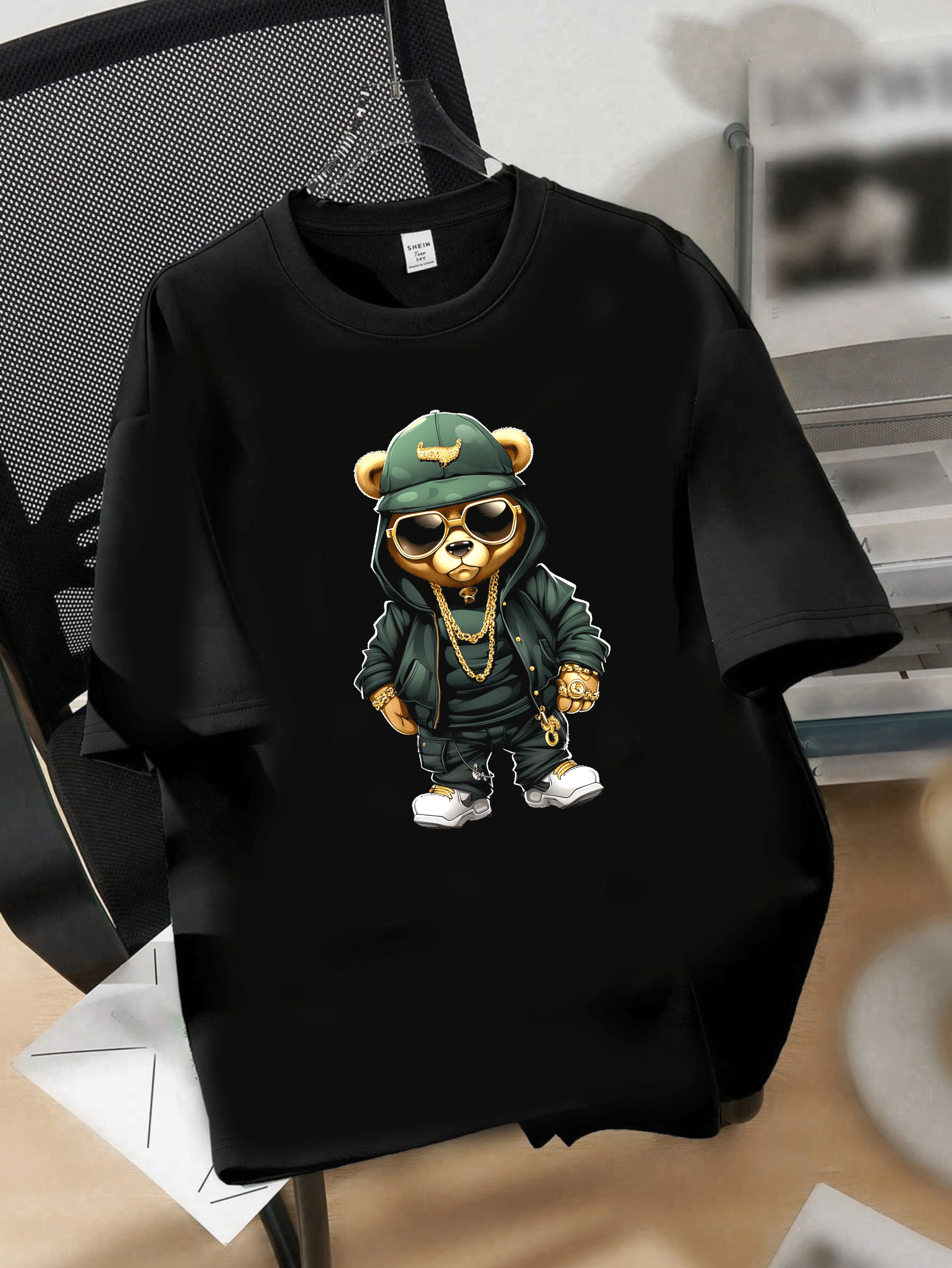 мъжка тениска Gangsta Teddy Bear, тениска с уличен дизайн, тениска с щампа, мъжка тениска с мечка, креативен дизайн, забавен стил